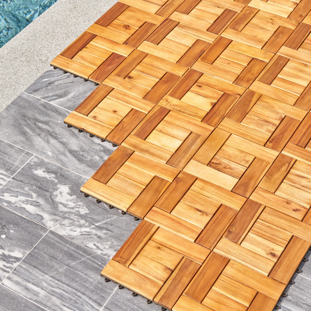 6 puzzle slats per tile rown Acacia Interlocking Wooden Deck tile (Set of 10 Tiles) ( Amazon Shipping)