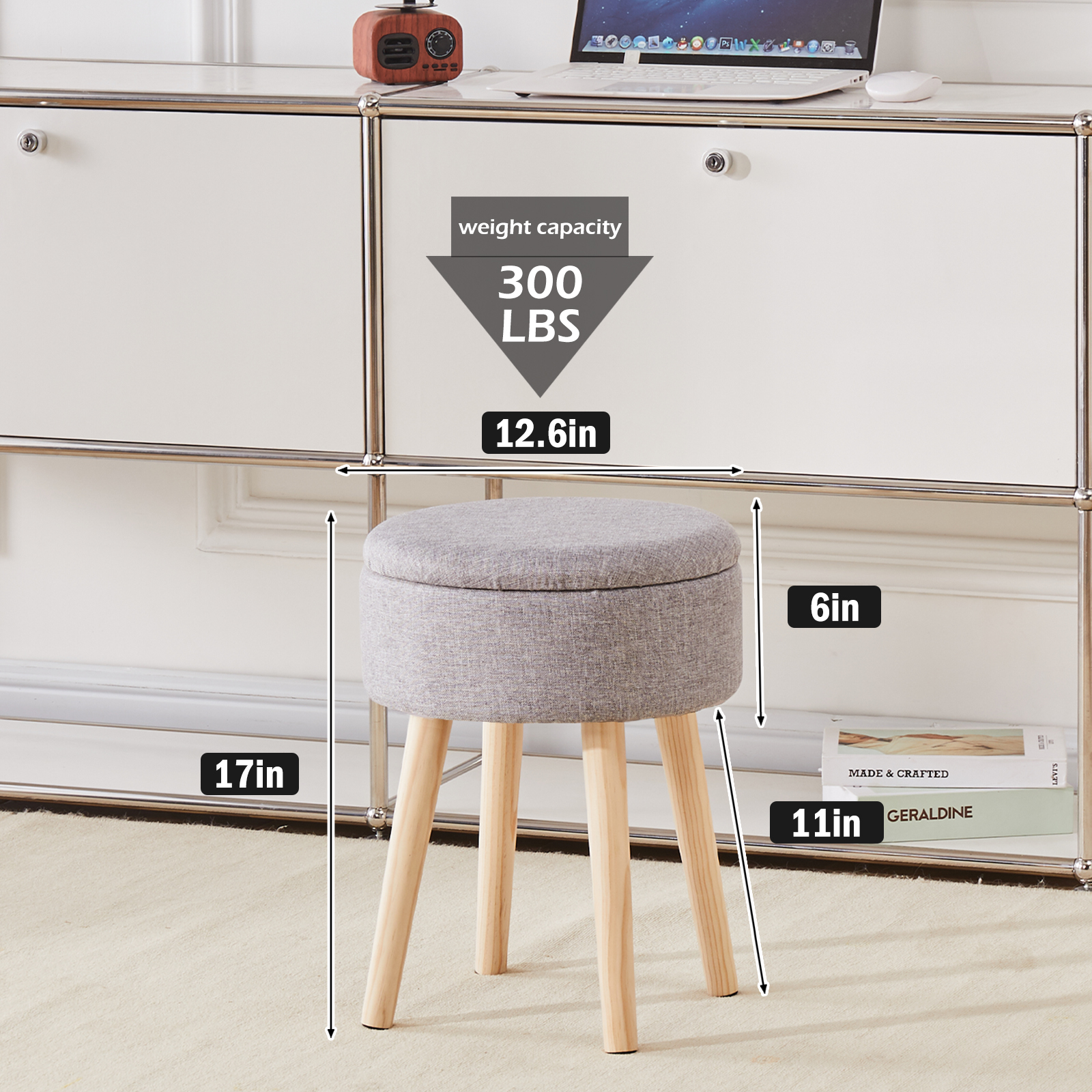 Storage Ottoman Linen Round Vanity Stool Tray Top Modern Foot Stool with Wood Legs Multifunctional Upholstered Foot Ottoman Rest for Living Room, Bathroom, Makeup Grey