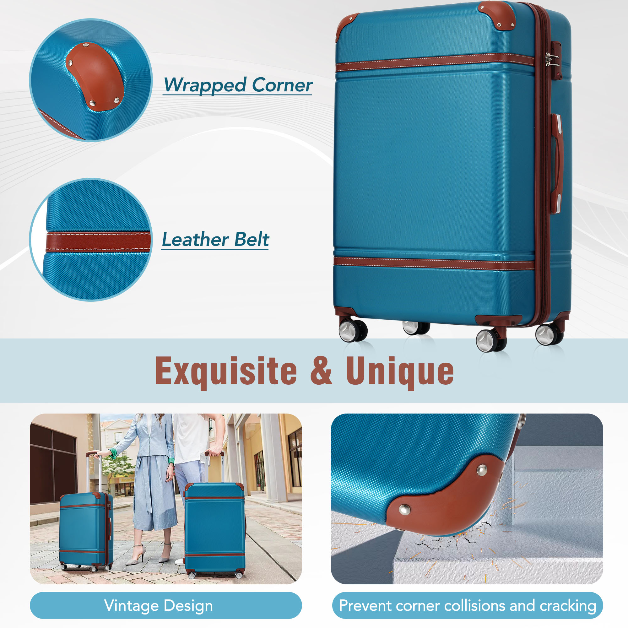 20 IN Hardside Luggage with Cosmetic Case , 2 Piece Lightweight Suitcase Set with Spinner Wheels, Carry on Vintage Luggage,Blue