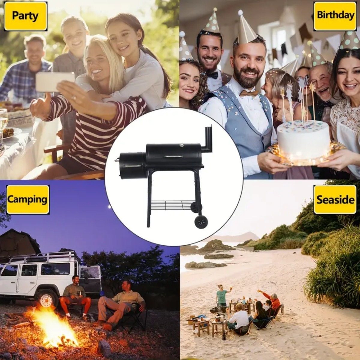 Charcoal Barbecue Grill with Offset Smoker, Metal Iron Barrel BBQ Trolley with Storage Shelves Wooden Side Table & Thermometer for Outdoor Garden Camping Picnic Cooking, Black