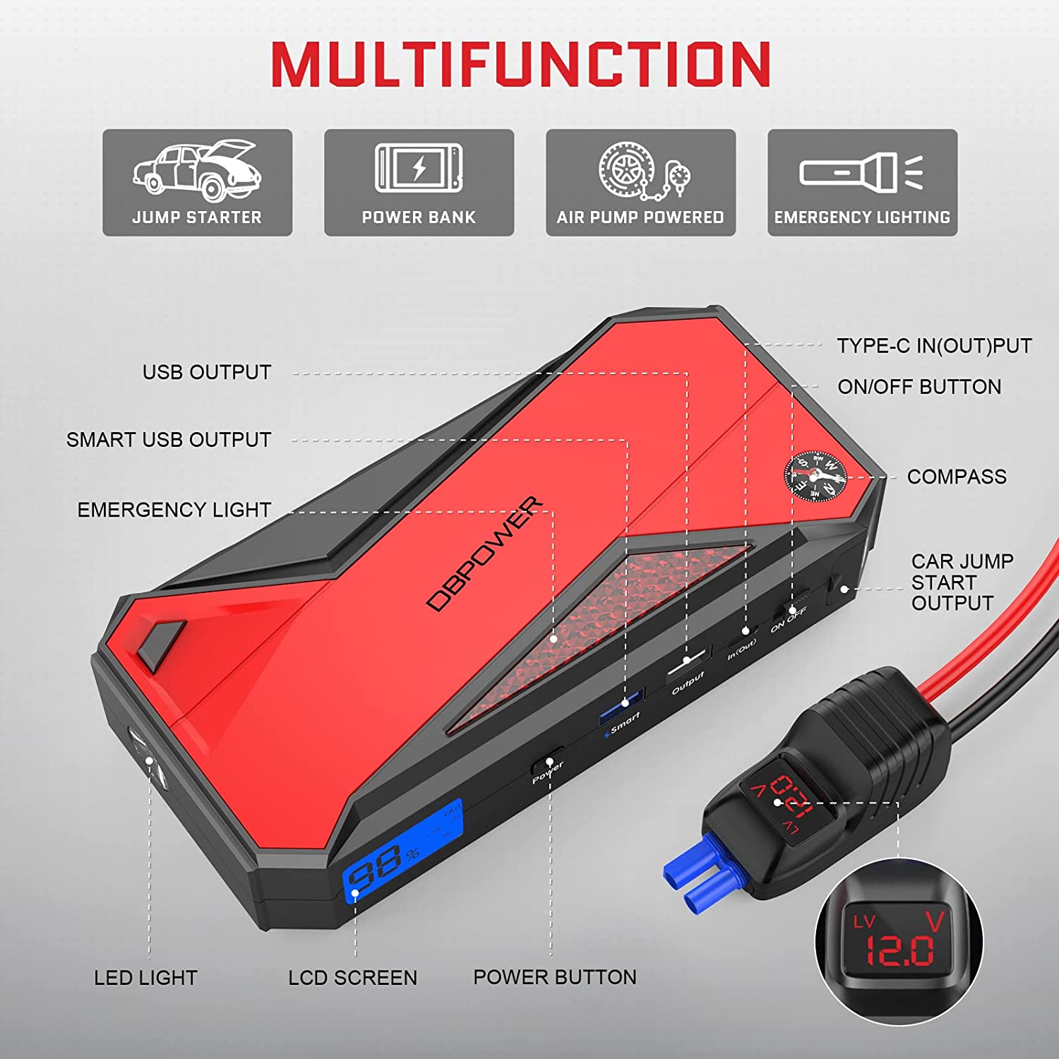 DBPOWER Car Jump Starter, 1600A Peak 17200mAh Portable Power Pack for Up to 7.2L Gas and 5.5L Diesel Engines, 12V Auto Battery Booster with LCD Display, Compass, LED Light and Type-C Port