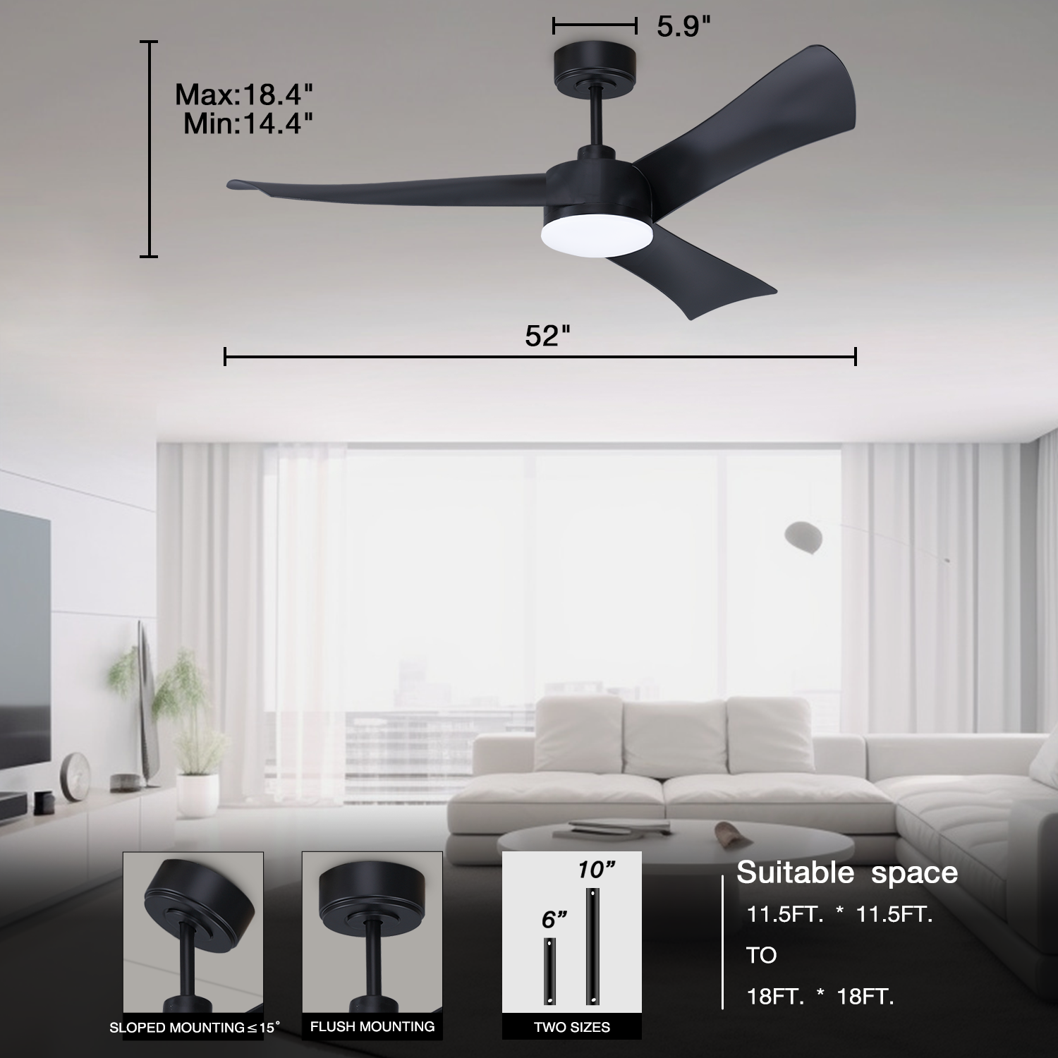 52" Smart Ceiling Fans with Lights and Remote, Quiet Reversible DC Motor and changing& Dimmable LED Light, 3 Blades 6 Speed Black Ceiling Fan for Farmhouse Living Room Bedroom Dining Room Workroom Stu