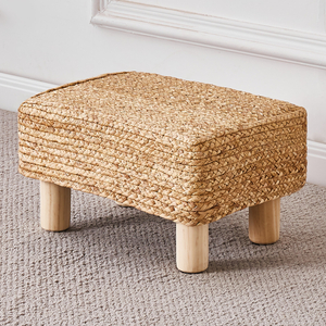 Foot Stool Ottoman Rectangular Footrest Pouf Ottomans Natural Seagrass Footstool with Wooden Legs Hand Weave Step Stool for Living Room Bedroom Entryway Natural