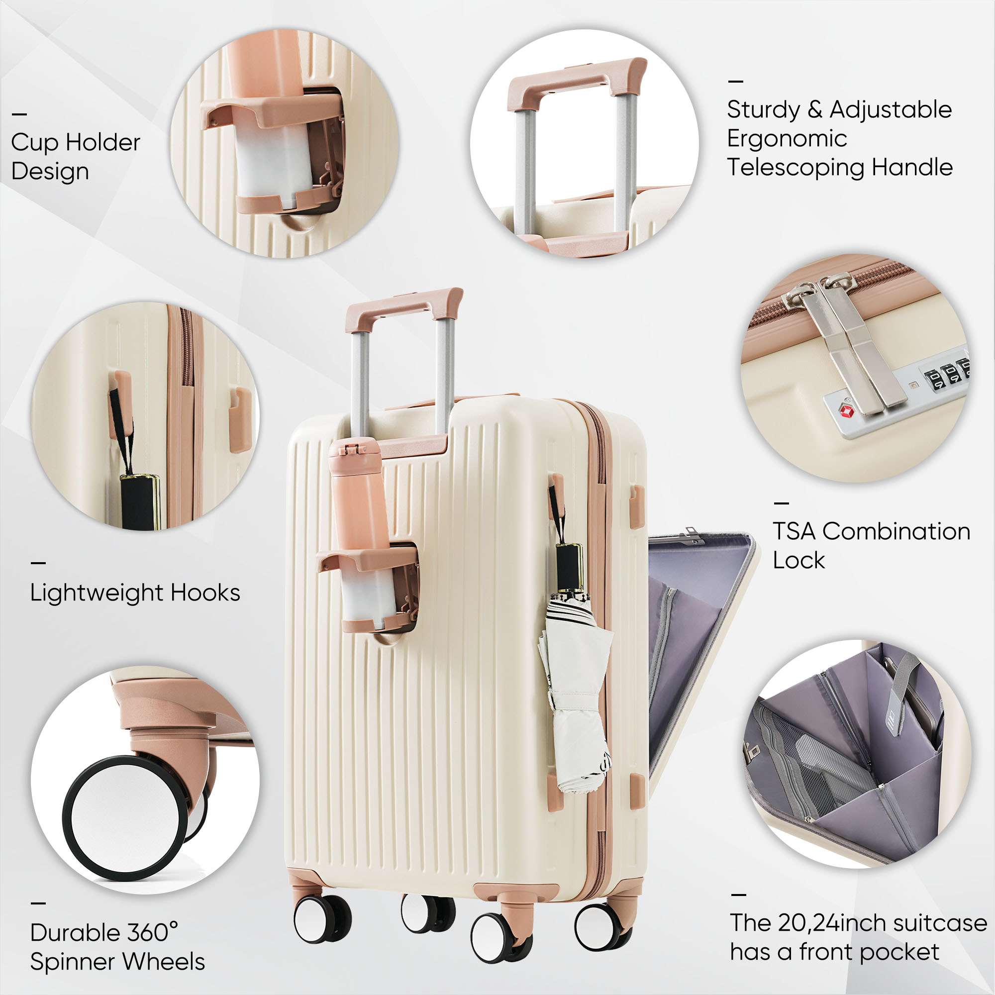 Front Opening 20-Inch Carry-On Luggage with Expandable Travel Bag Set, ABS Hard Shell Two-piece Suitcase Set with USB Port , Cup Holder, Ivory And Gloden