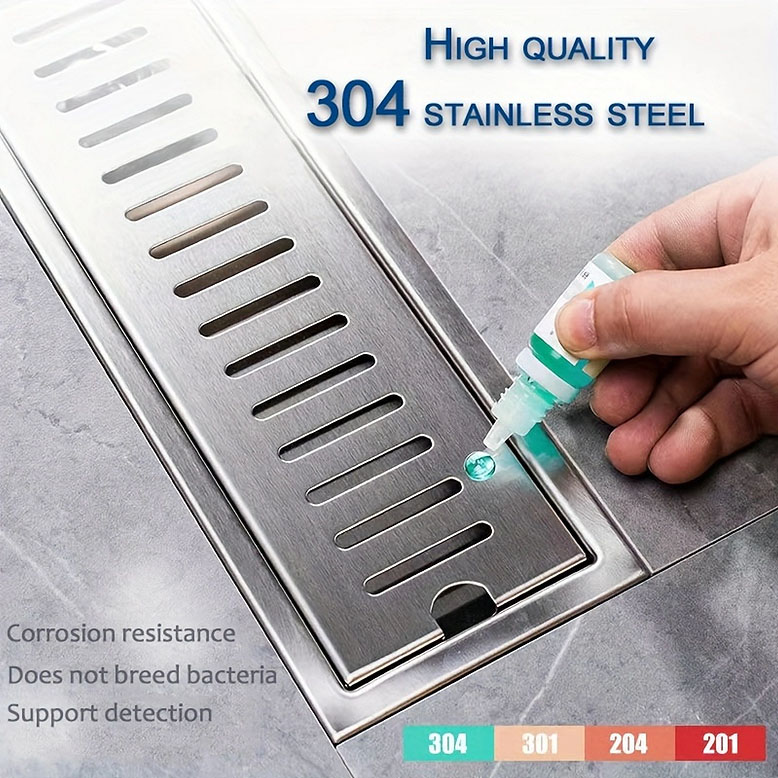 1pc Long Floor Drain, Toilet Stainless Steel SUS304 Thickened Large-capacity Anti-odor Hotel Shower Drain, Room Engineering Rectangular Strip Drain Floor Drain