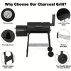 Charcoal Barbecue Grill with Offset Smoker, Metal Iron Barrel BBQ Trolley with Storage Shelves Wooden Side Table & Thermometer for Outdoor Garden Camping Picnic Cooking, Black
