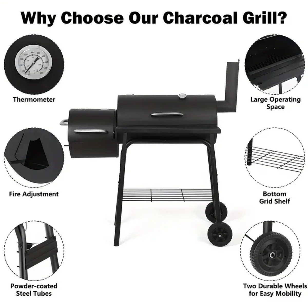 Charcoal Barbecue Grill with Offset Smoker, Metal Iron Barrel BBQ Trolley with Storage Shelves Wooden Side Table & Thermometer for Outdoor Garden Camping Picnic Cooking, Black