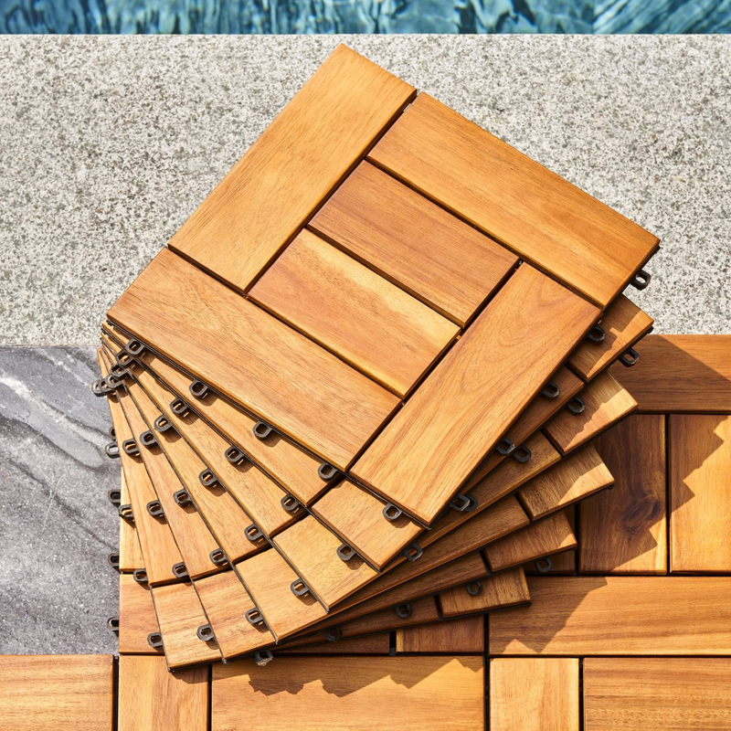 6 puzzle slats per tile rown Acacia Interlocking Wooden Deck tile (Set of 10 Tiles) ( Amazon Shipping)