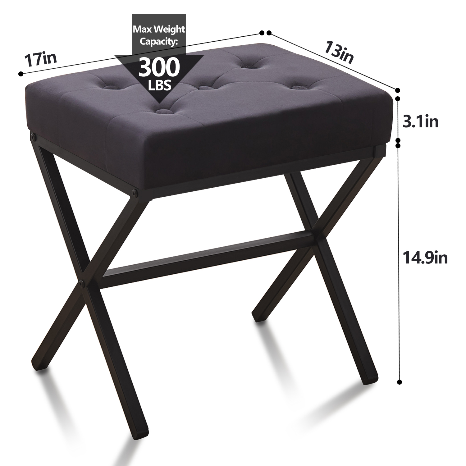 Ottoman Foot Stool Tufted Vanity Stool Ottomans Thickened Cushion Footstool Mulifunctional Shoe Changing Seat Step Stools with Metal X Leg for Living Room Bedroom Black Velvet