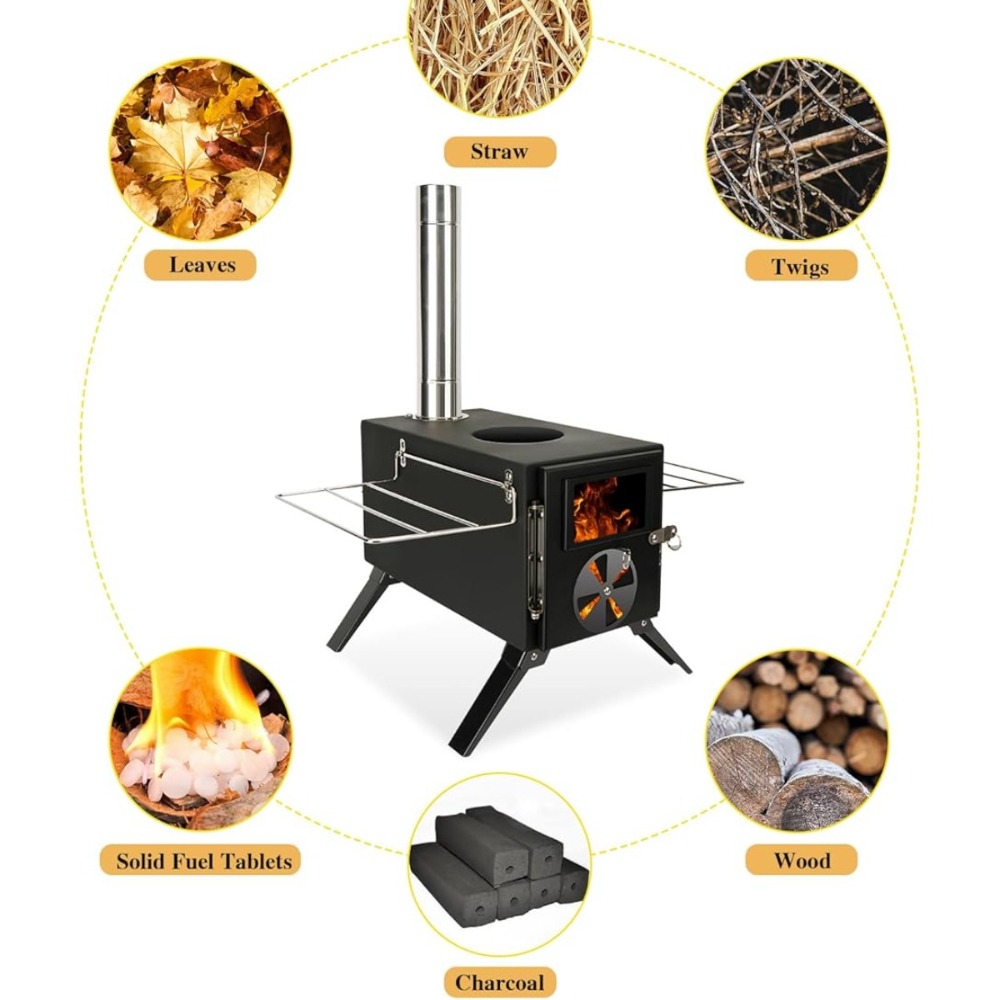 Camping Stove for Hot Tents, Carbon Steel Wood Burning Stove with Stainless Wall Chimney Pipes for Tents, Shelter, Outdoor Portable Stove for Camping And Cooking，Black