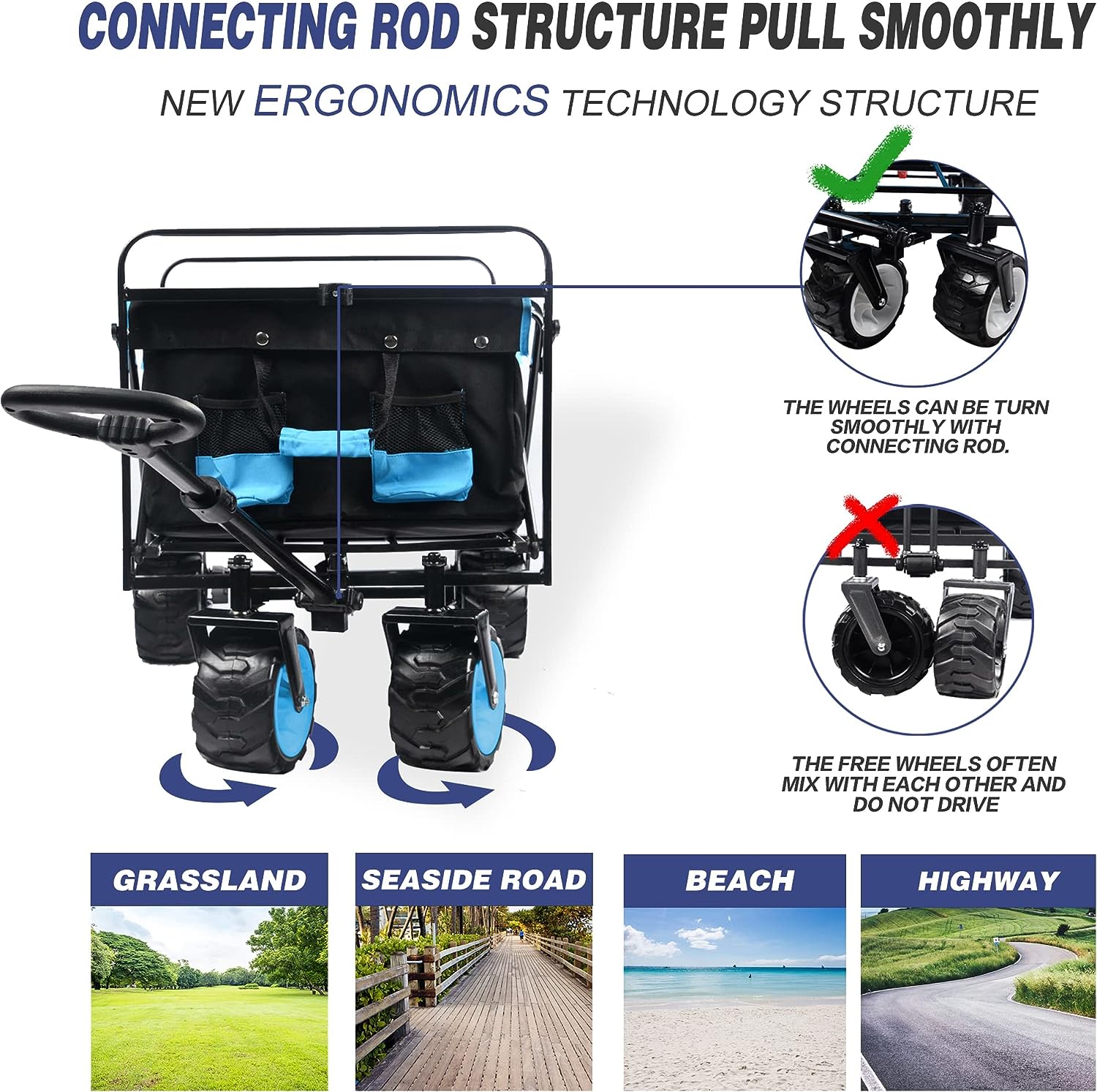 Collapsible Heavy Duty Beach Wagon Cart Outdoor Folding Utility Camping Garden Beach Cart with Universal Wheels Adjustable Handle Shopping (black&blue)