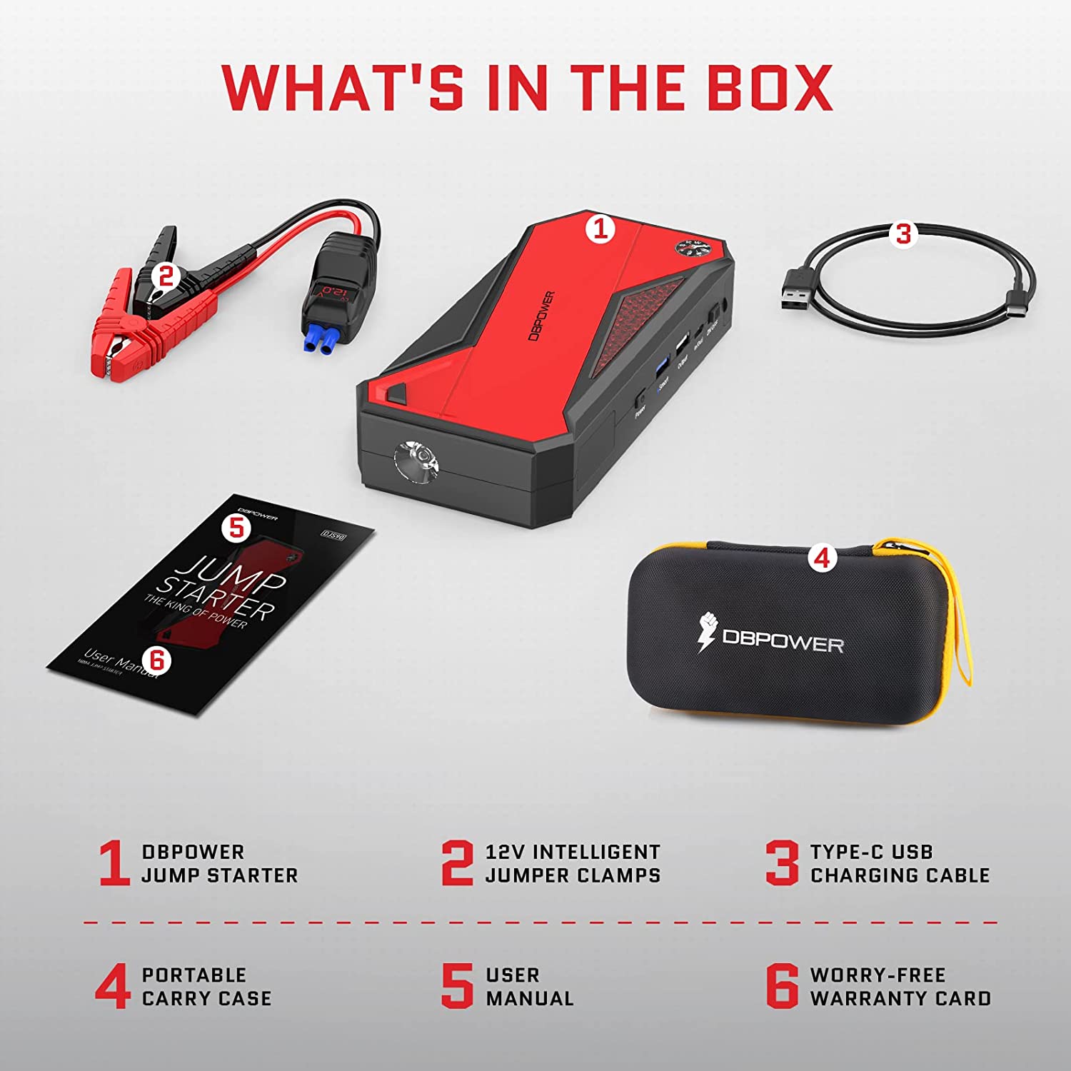 DBPOWER Car Jump Starter, 1600A Peak 17200mAh Portable Power Pack for Up to 7.2L Gas and 5.5L Diesel Engines, 12V Auto Battery Booster with LCD Display, Compass, LED Light and Type-C Port
