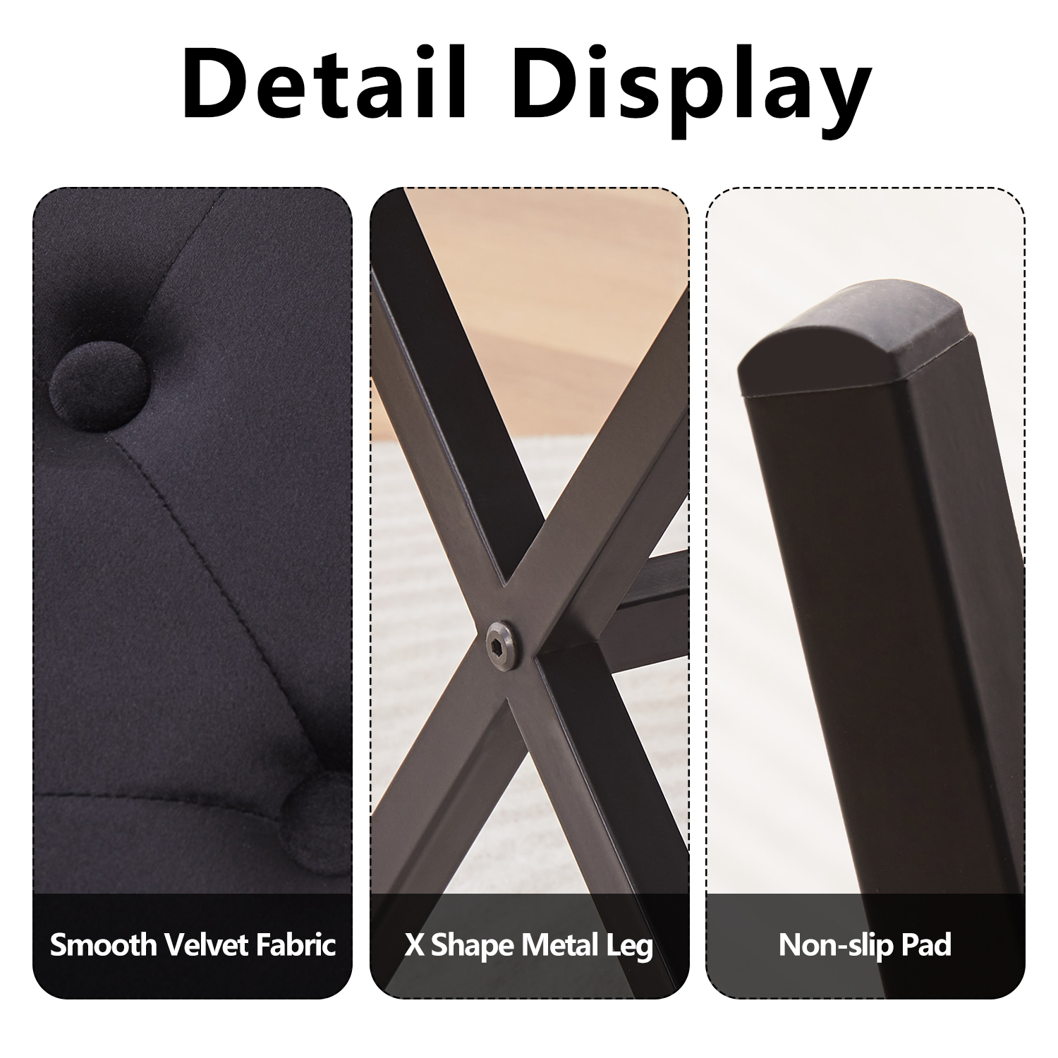 Ottoman Foot Stool Tufted Vanity Stool Ottomans Thickened Cushion Footstool Mulifunctional Shoe Changing Seat Step Stools with Metal X Leg for Living Room Bedroom Black Velvet