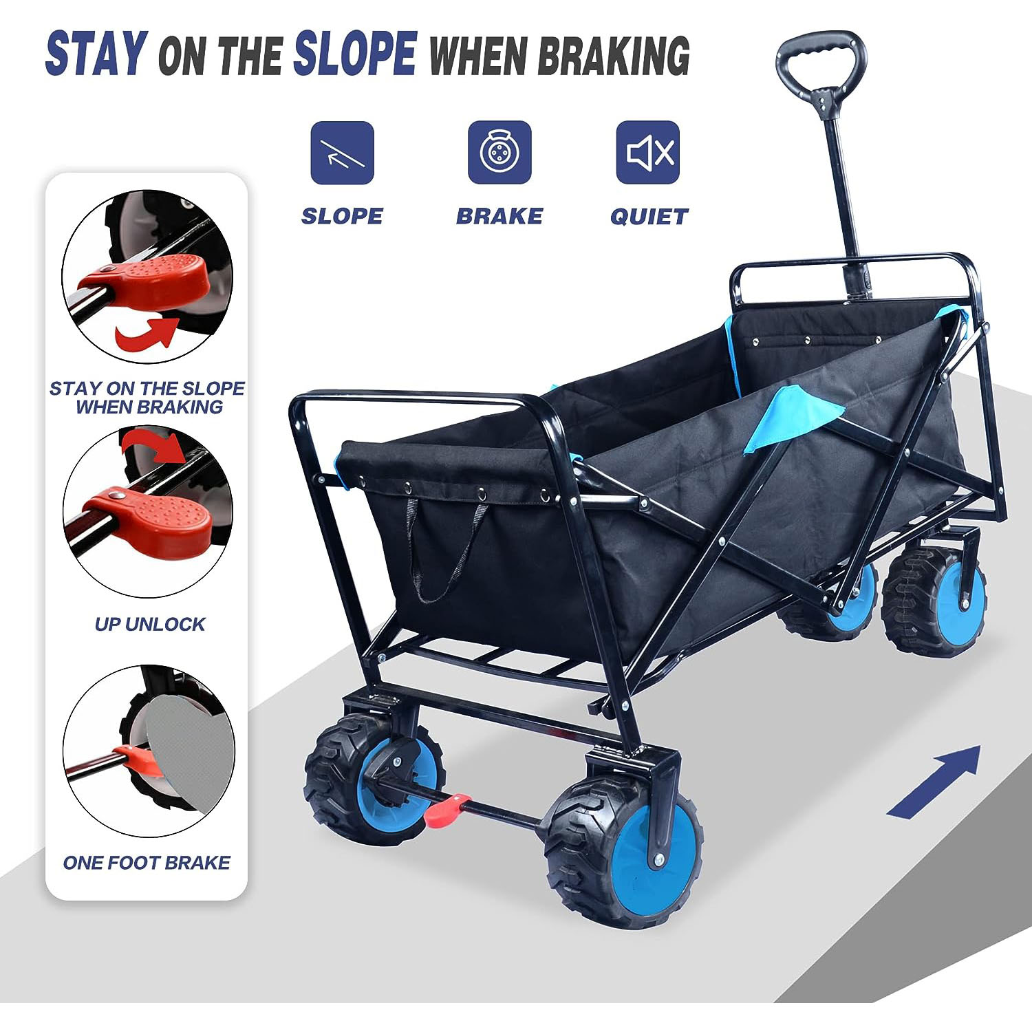 Collapsible Heavy Duty Beach Wagon Cart Outdoor Folding Utility Camping Garden Beach Cart with Universal Wheels Adjustable Handle Shopping (black&blue)