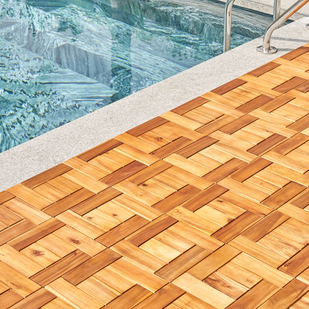 6 puzzle slats per tile rown Acacia Interlocking Wooden Deck tile (Set of 10 Tiles) ( Amazon Shipping)