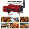 Charcoal Barbecue Grill with Offset Smoker, Metal Iron Barrel BBQ Trolley with Storage Shelves Wooden Side Table & Thermometer for Outdoor Garden Camping Picnic Cooking, Black