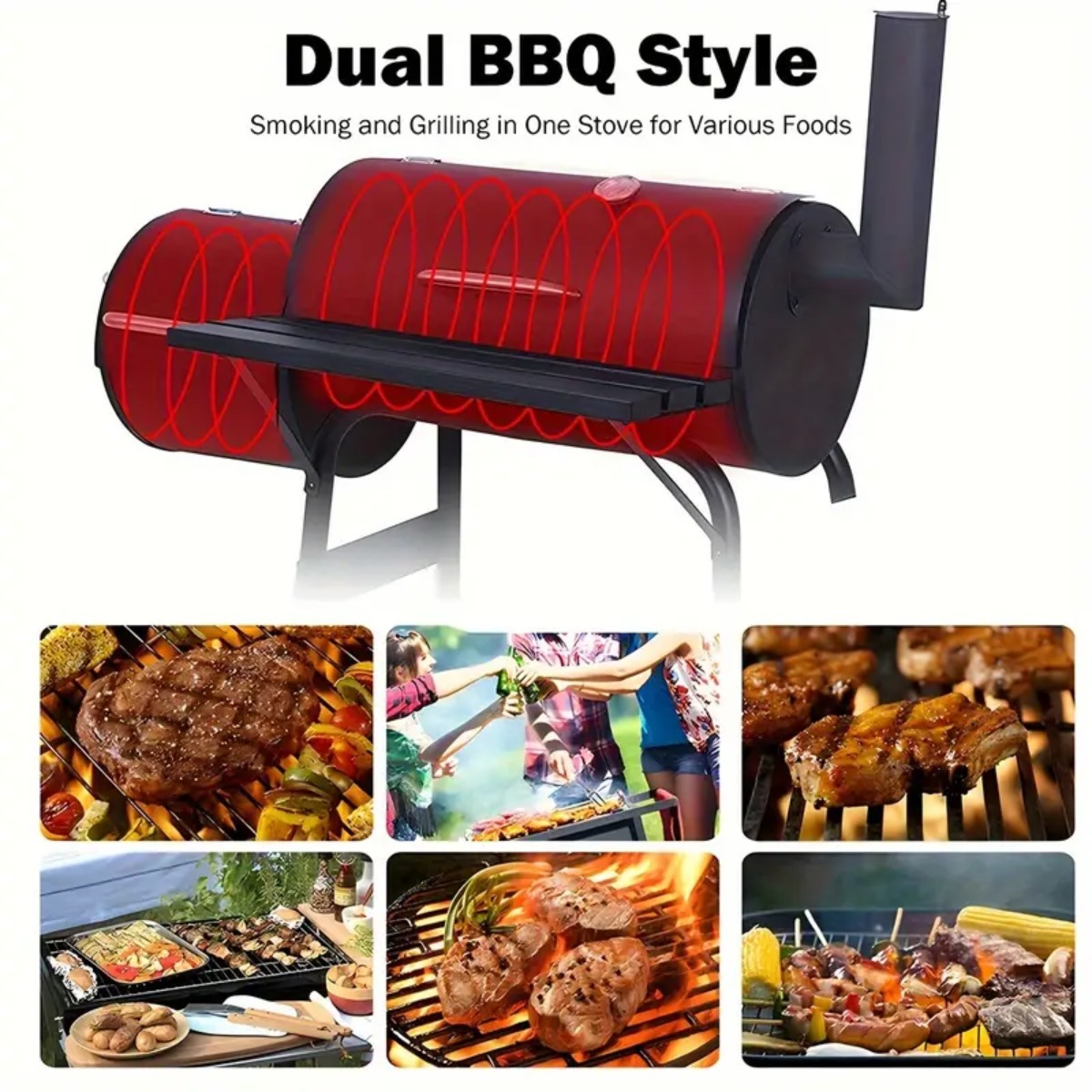 Charcoal Barbecue Grill with Offset Smoker, Metal Iron Barrel BBQ Trolley with Storage Shelves Wooden Side Table & Thermometer for Outdoor Garden Camping Picnic Cooking, Black
