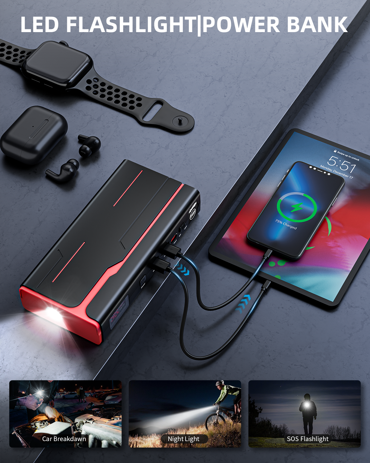 Jump Starter-3 in 1 Car Battery Jump Starter-2500A 12V 21000mAh Portable Charger, Jump Box, Battery Booster Pack with LCD Display (for 8L Gas/6.5L Diesel)(FBA warehouse shipment)