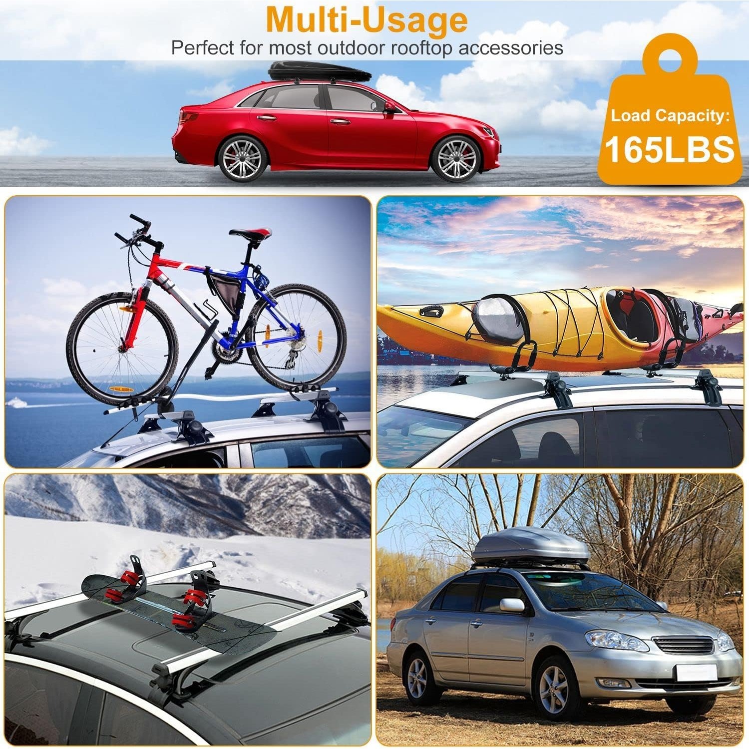 2pcs universal roof rack crossbars, suitable for trackless cars, bicycles, kayaks, skis, canoes, cargo baskets, luggage racks, with a load capacity of 165 pounds