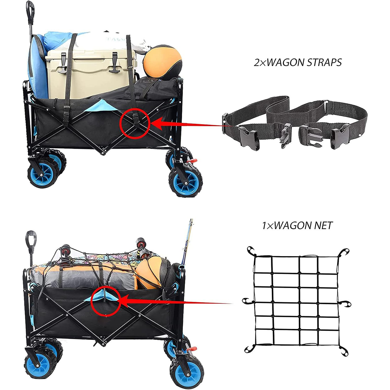 Collapsible Heavy Duty Beach Wagon Cart Outdoor Folding Utility Camping Garden Beach Cart with Universal Wheels Adjustable Handle Shopping (black&blue)
