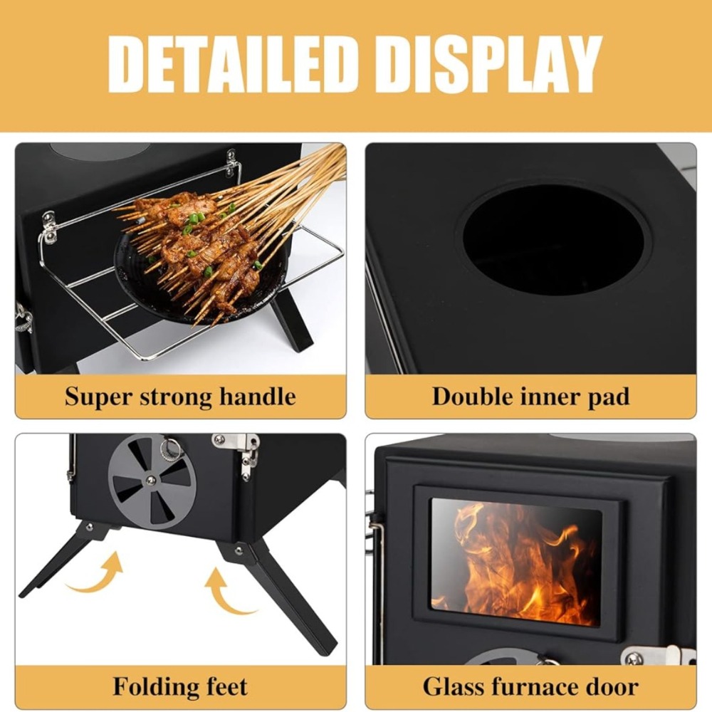 Camping Stove for Hot Tents, Carbon Steel Wood Burning Stove with Stainless Wall Chimney Pipes for Tents, Shelter, Outdoor Portable Stove for Camping And Cooking，Black
