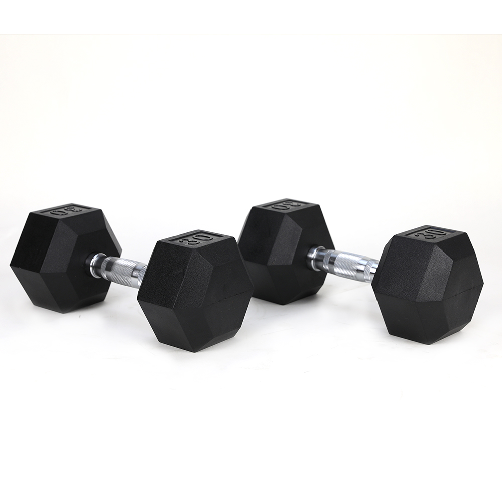 30LB (2piece)HDRS Rubber Coated Solid Cast Iron Dumbbell with Contoured Chrome Handle, Hexagon Head