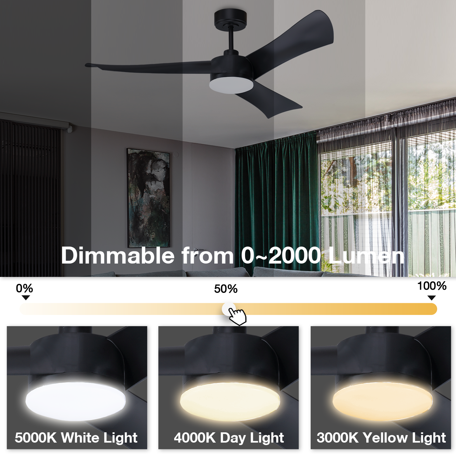 52" Smart Ceiling Fans with Lights and Remote, Quiet Reversible DC Motor and changing& Dimmable LED Light, 3 Blades 6 Speed Black Ceiling Fan for Farmhouse Living Room Bedroom Dining Room Workroom Stu