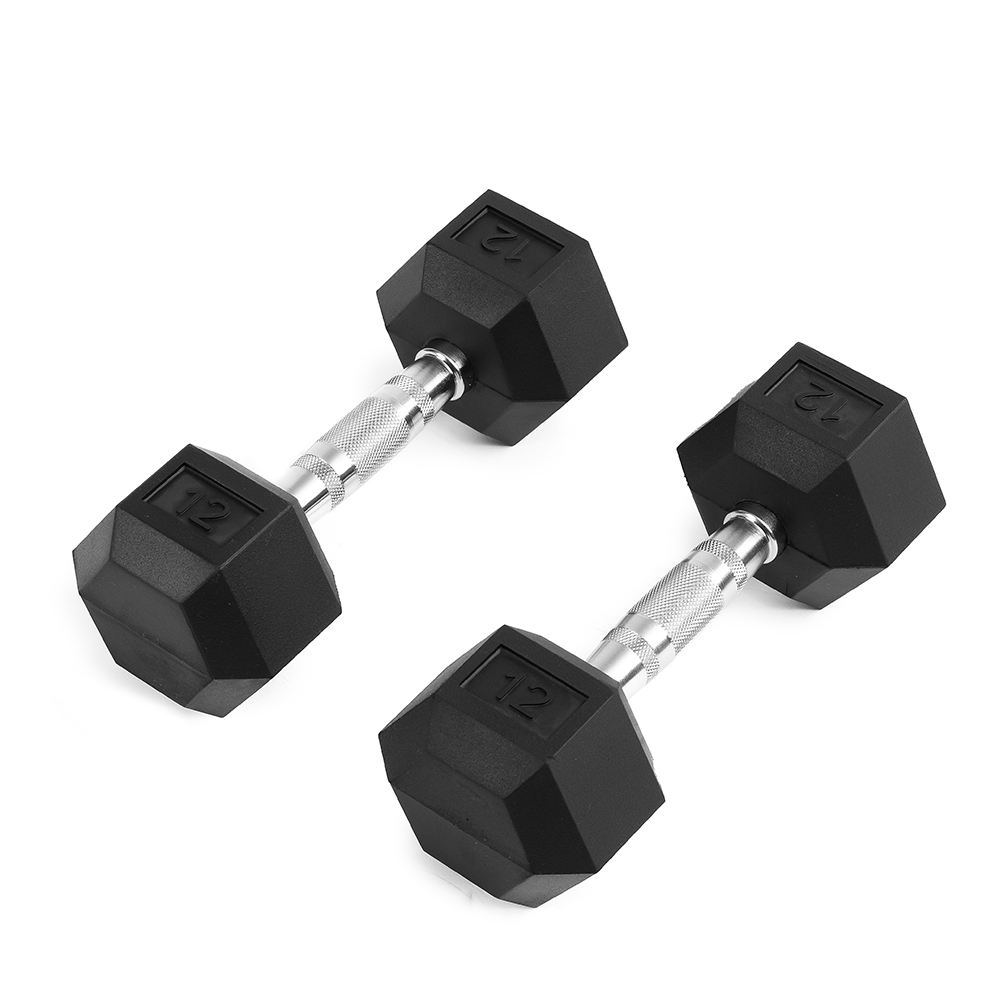 12LB 1-Pair(2pieces)HDRS Rubber Coated Solid Cast Iron Dumbbell with Contoured Chrome Handle, Hexagon Head