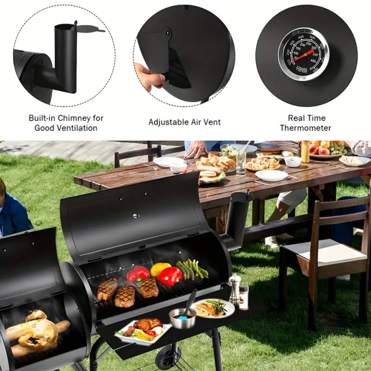 Charcoal Barbecue Grill with Offset Smoker, Metal Iron Barrel BBQ Trolley with Storage Shelves Wooden Side Table & Thermometer for Outdoor Garden Camping Picnic Cooking, Black