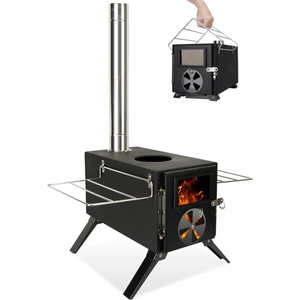 Camping Stove for Hot Tents, Carbon Steel Wood Burning Stove with Stainless Wall Chimney Pipes for Tents, Shelter, Outdoor Portable Stove for Camping And Cooking，Black