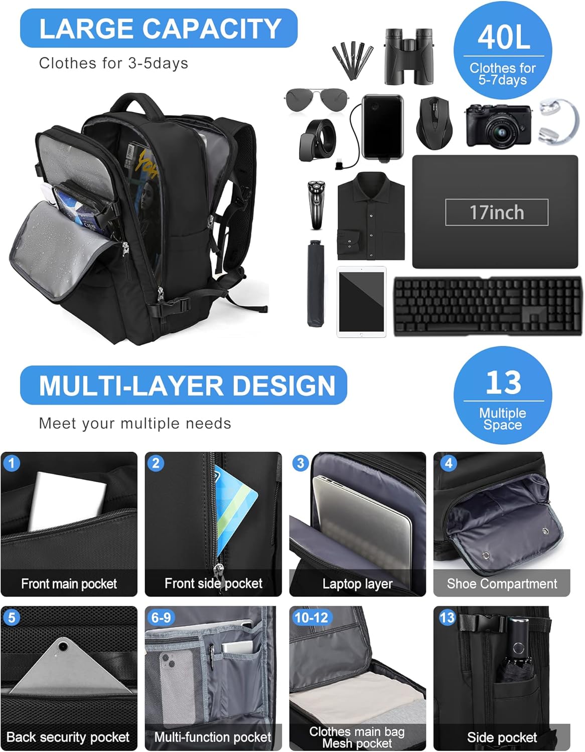Large Travel Backpack for Women Men Carry on Backpacks Waterproof Flight Approved Personal Item Bags Luggage Backpacks Fit for 17 Inch Laptop Business Work