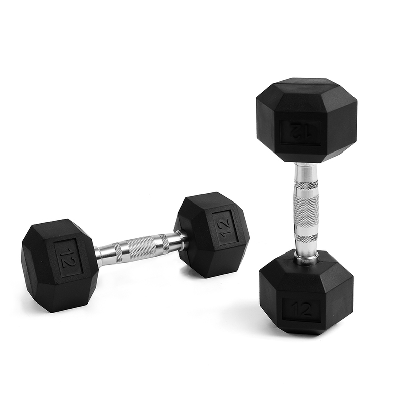 12LB 1-Pair(2pieces)HDRS Rubber Coated Solid Cast Iron Dumbbell with Contoured Chrome Handle, Hexagon Head