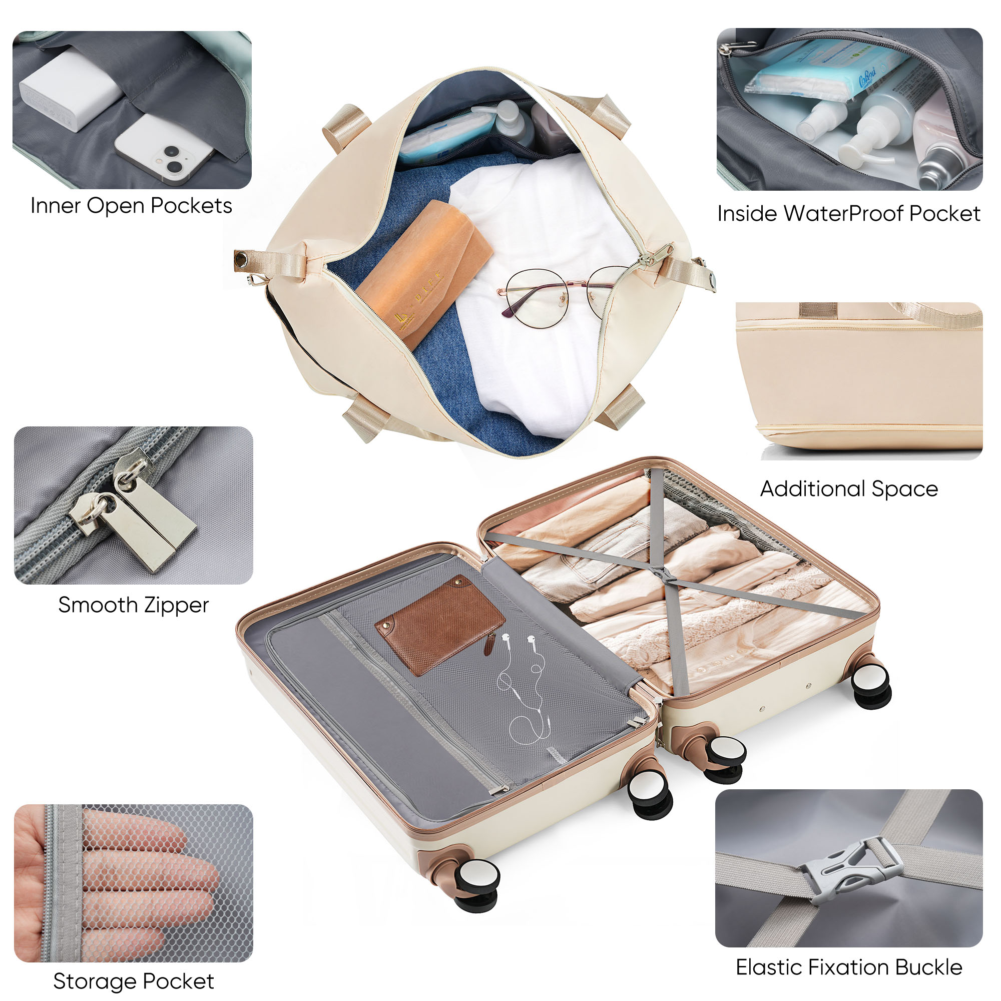 Front Opening 20-Inch Carry-On Luggage with Expandable Travel Bag Set, ABS Hard Shell Two-piece Suitcase Set with USB Port , Cup Holder, Ivory And Gloden