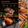 Charcoal Barbecue Grill with Offset Smoker, Metal Iron Barrel BBQ Trolley with Storage Shelves Wooden Side Table & Thermometer for Outdoor Garden Camping Picnic Cooking, Black