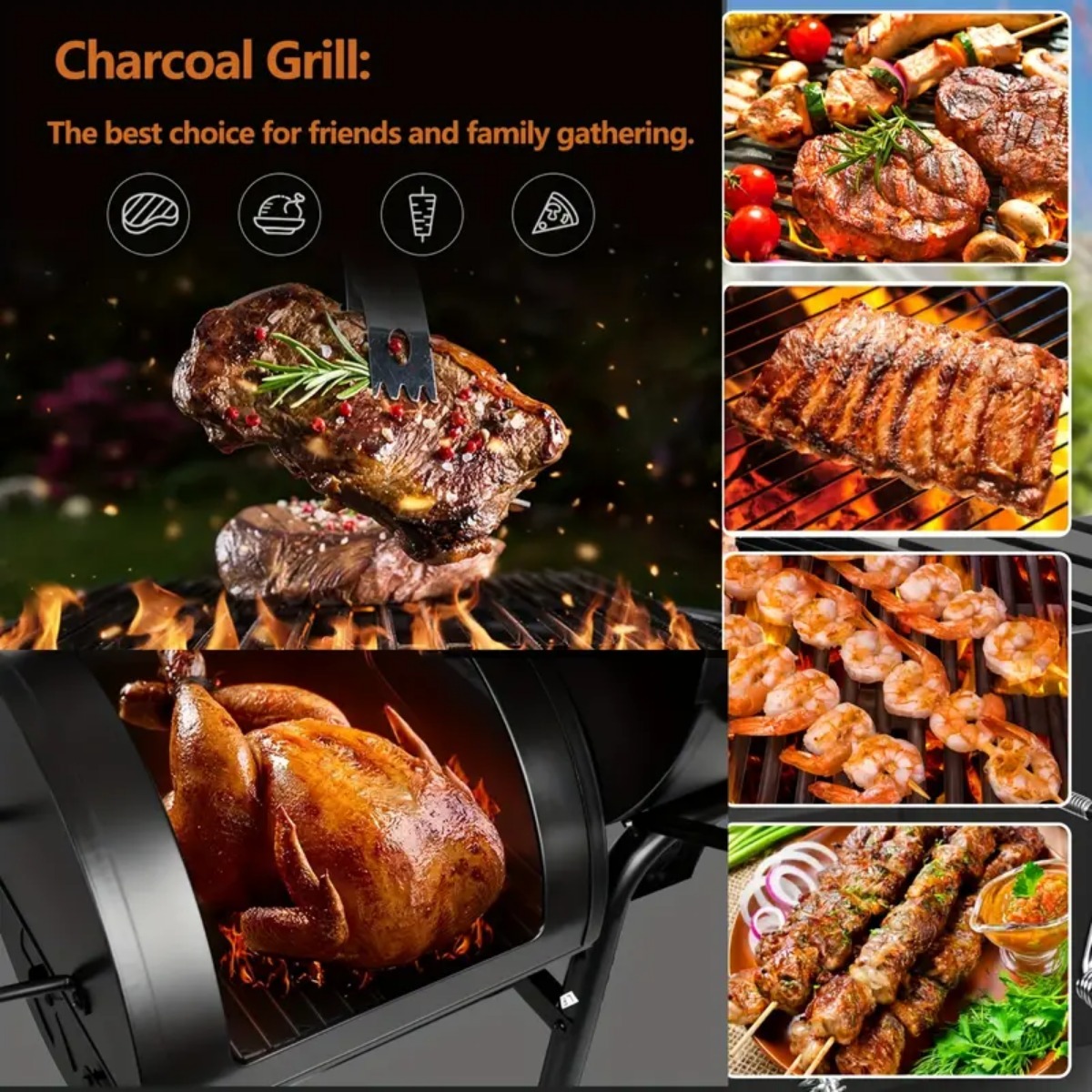 Charcoal Barbecue Grill with Offset Smoker, Metal Iron Barrel BBQ Trolley with Storage Shelves Wooden Side Table & Thermometer for Outdoor Garden Camping Picnic Cooking, Black