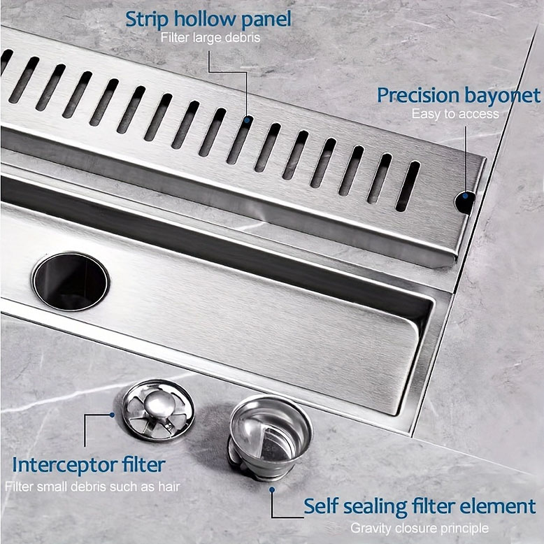 1pc Long Floor Drain, Toilet Stainless Steel SUS304 Thickened Large-capacity Anti-odor Hotel Shower Drain, Room Engineering Rectangular Strip Drain Floor Drain