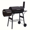 Charcoal Barbecue Grill with Offset Smoker, Metal Iron Barrel BBQ Trolley with Storage Shelves Wooden Side Table & Thermometer for Outdoor Garden Camping Picnic Cooking, Black