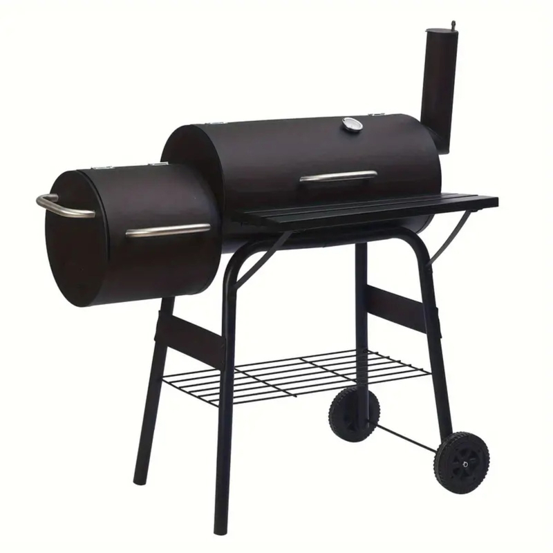 Charcoal Barbecue Grill with Offset Smoker, Metal Iron Barrel BBQ Trolley with Storage Shelves Wooden Side Table & Thermometer for Outdoor Garden Camping Picnic Cooking, Black
