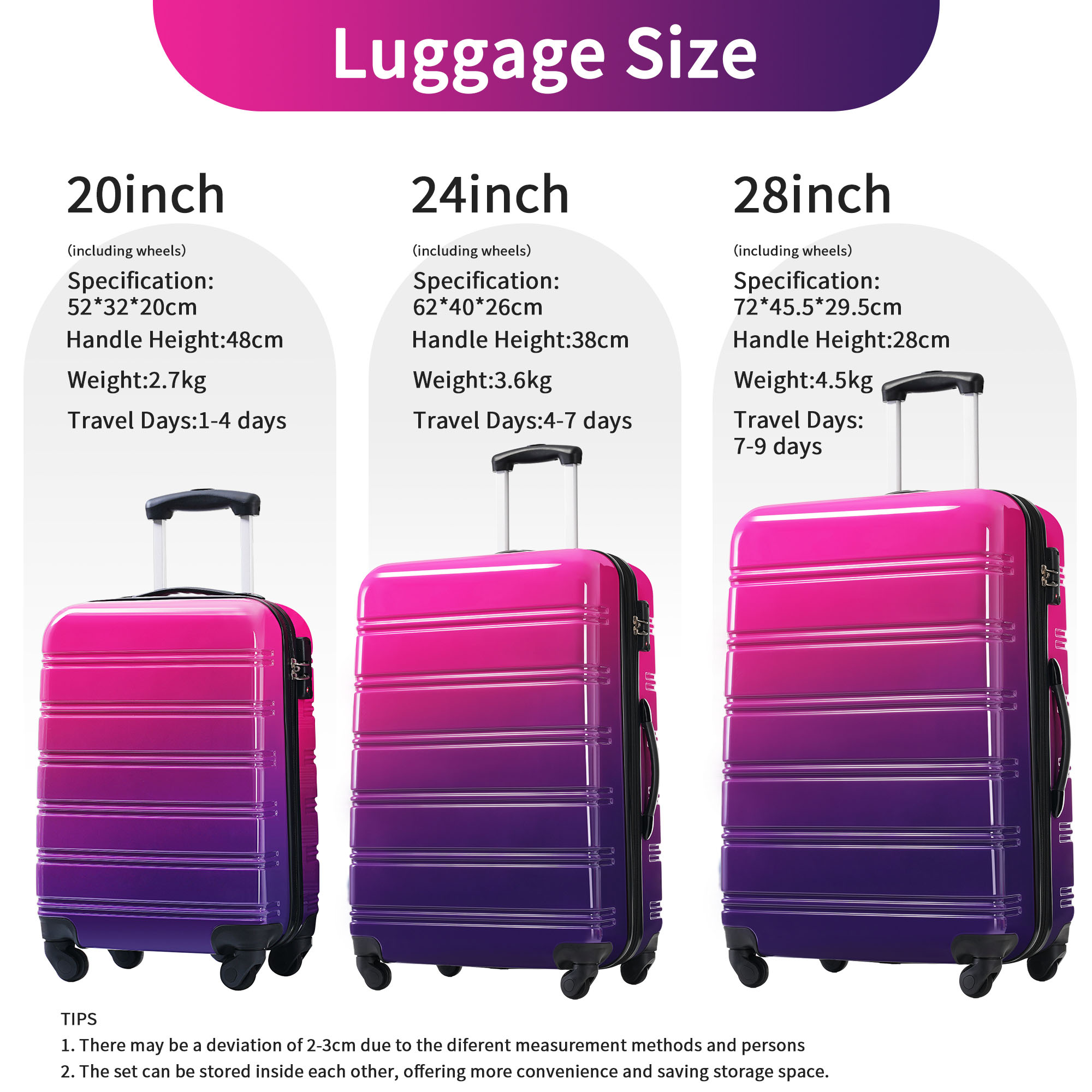 Hardshell Luggage Sets 3 Piece Gradient Color Expandable Suitcase with Spinner Wheels And TSA Lock Lightweight 20